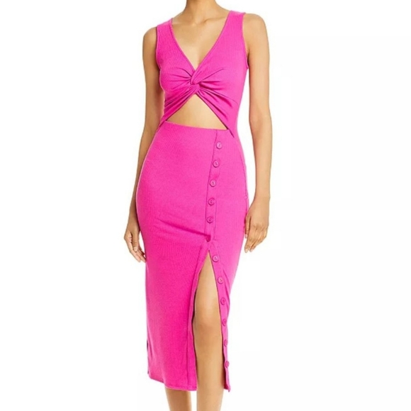 F O R E Dresses & Skirts - Fore Women's Fuchsia Ribbed Cutout MIDI Dress